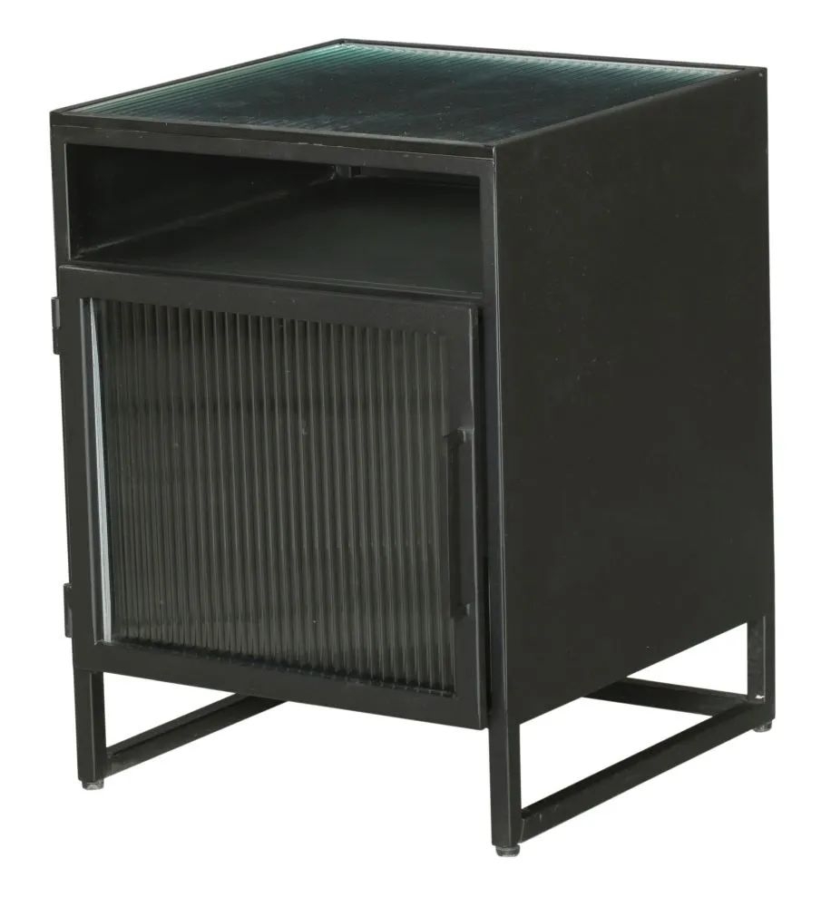 Product photograph of Clearance - Reed Black Metal Industrial Bedside Cabinet With 1 Fluted Glass Door from Choice Furniture Superstore.