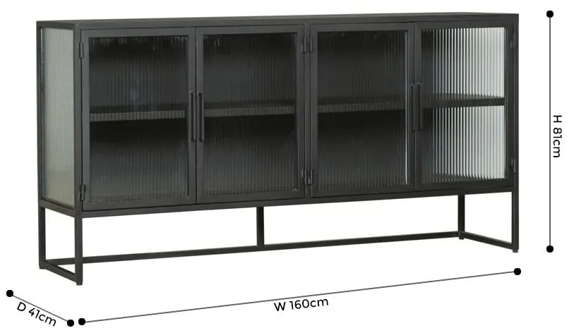 Product photograph of Reed Black Metal Industrial Fluted Glass Large Sideboard 160cm W With 4 Doors from Choice Furniture Superstore.