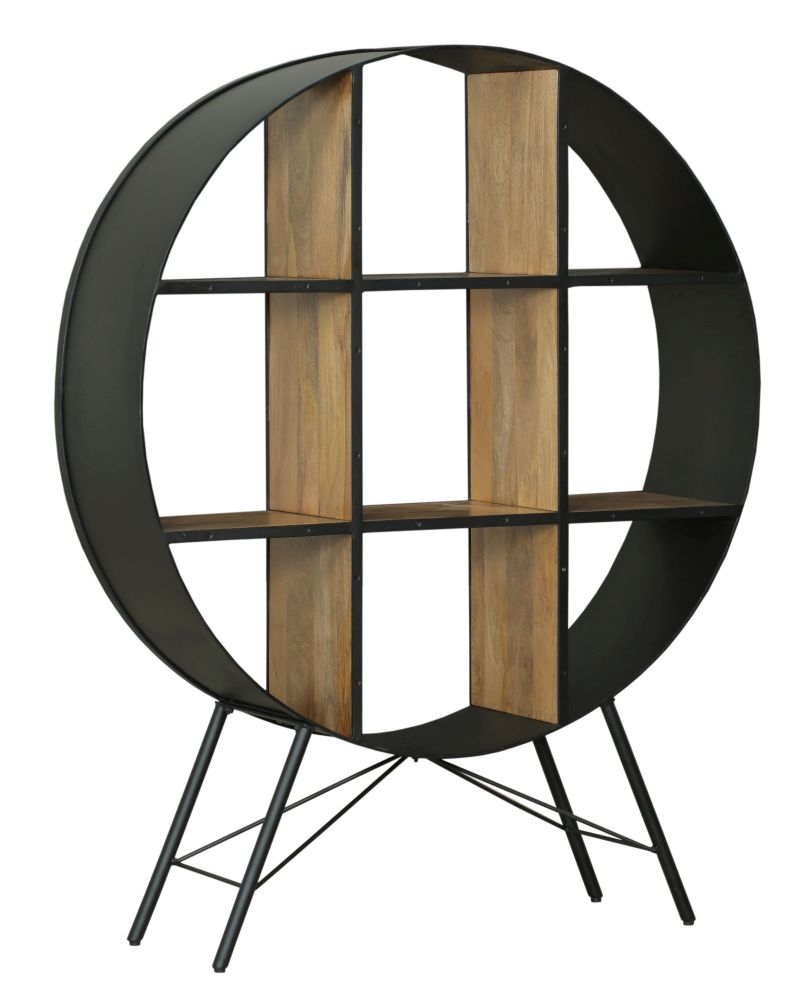 Product photograph of Clearance - Reed Black Metal Industrial Open Round Bookshelf With 6 Shelves - Dia 120cm from Choice Furniture Superstore.