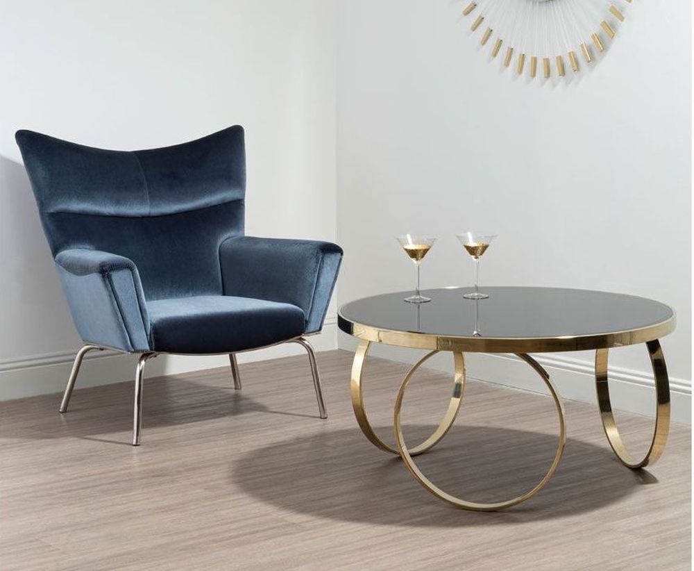 Product photograph of Rewey Black Glass Top Large Round Coffee Table With Ring Gold Base from Choice Furniture Superstore.