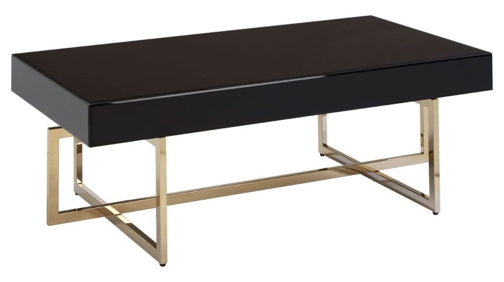 Product photograph of Rewey Black Glass Top Coffee Table With Gold Stainless Steel Legs from Choice Furniture Superstore.