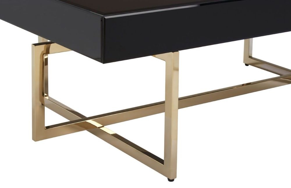 Product photograph of Rewey Black Glass Top Coffee Table With Gold Stainless Steel Legs from Choice Furniture Superstore.