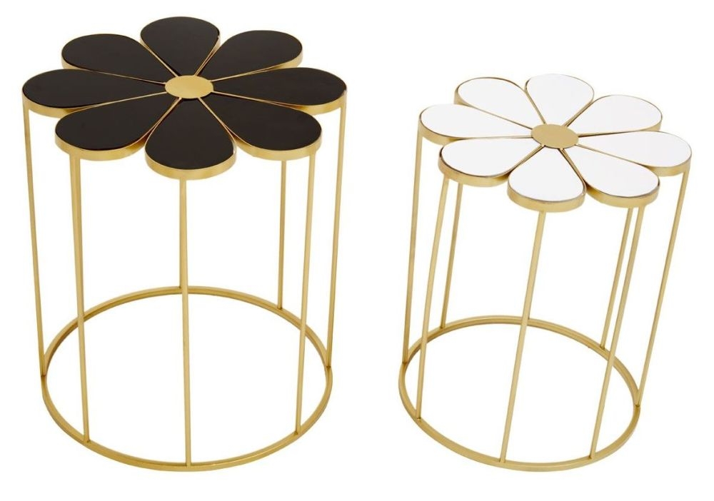 Product photograph of Jordan Black And White Petal Flower Shape Side Table With Gold Frame Set Of 2 from Choice Furniture Superstore.