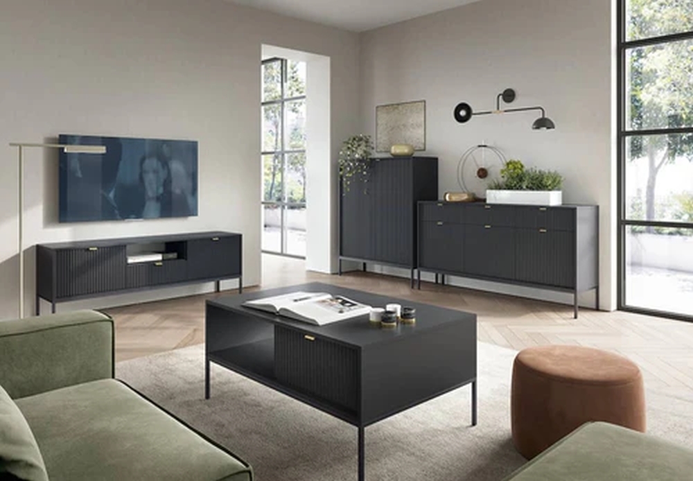 Product photograph of Kiron Black Ribbed 3 Door Medium Sideboard from Choice Furniture Superstore.
