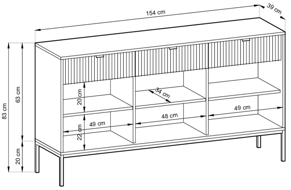 Product photograph of Kiron Black Ribbed 3 Door Medium Sideboard from Choice Furniture Superstore.