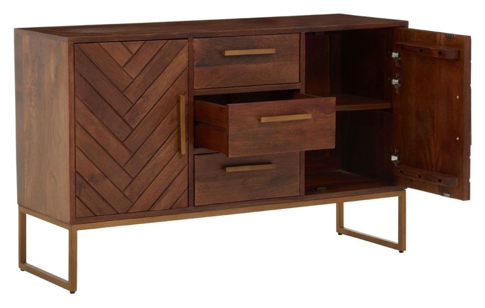 Product photograph of Ridge Brown Mango Wood Herringbone Medium Sideboard 120cm W With 2 Doors And 3 Drawers from Choice Furniture Superstore.