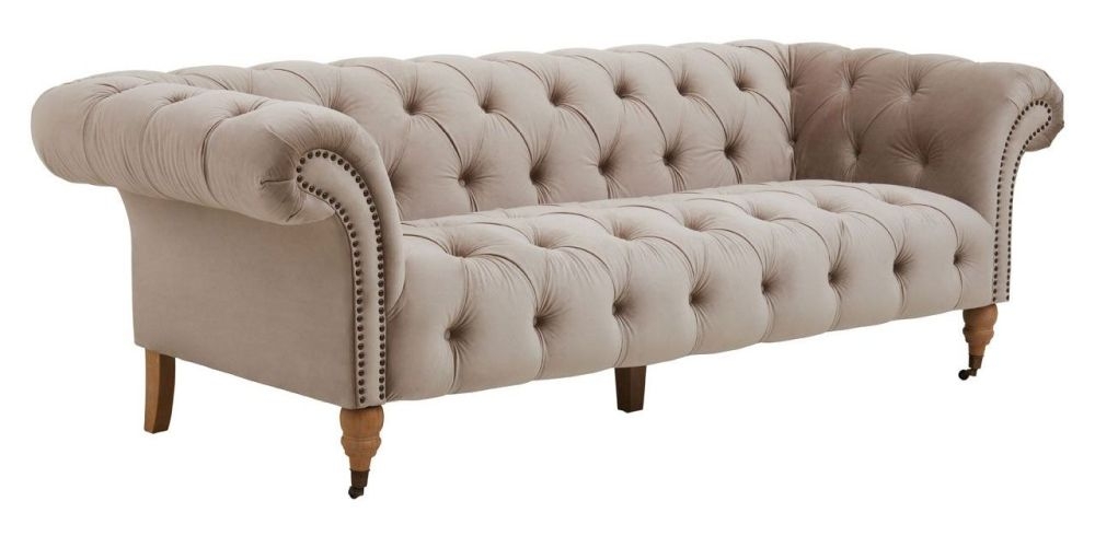 Product photograph of Roper Natural 3 Seater Chesterfield Sofa Studded Velvet Fabric Upholstered With Carved Legs from Choice Furniture Superstore.