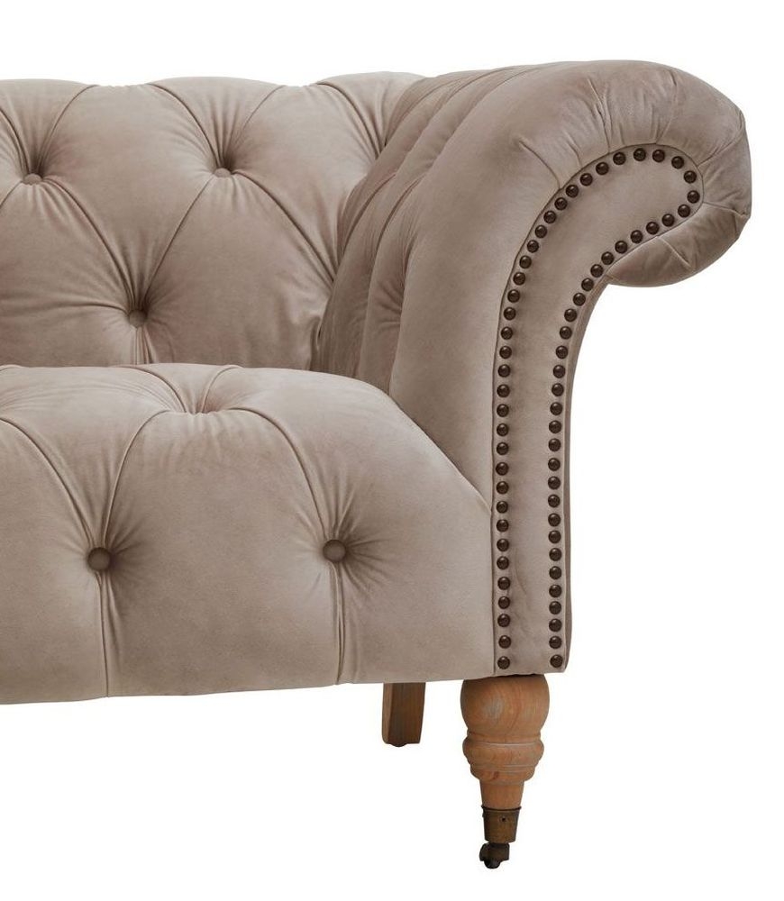 Product photograph of Roper Natural 3 Seater Chesterfield Sofa Studded Velvet Fabric Upholstered With Carved Legs from Choice Furniture Superstore.