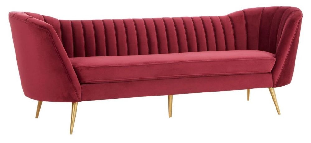 Product photograph of Mescal Wine 3 Seater Sofa Velvet Fabric Upholstered With Gold Legs from Choice Furniture Superstore.