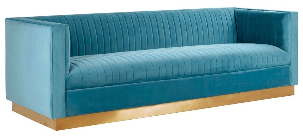 Product photograph of Piqua Light Blue 3 Seater Sofa Velvet Fabric Upholstered With Gold Base from Choice Furniture Superstore.