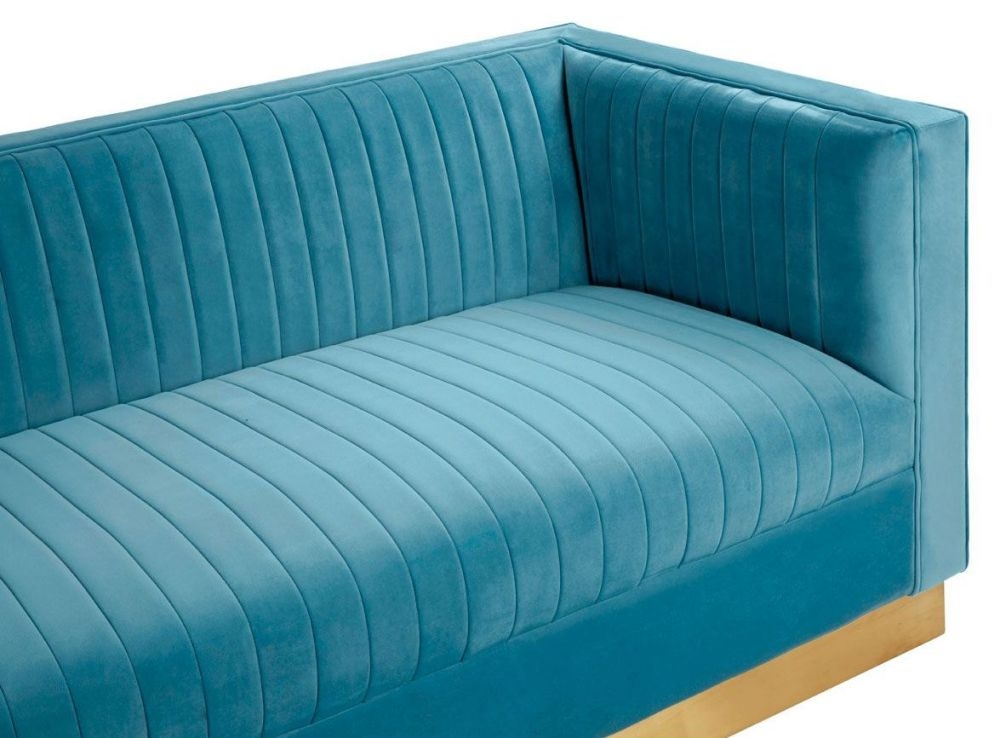 Product photograph of Piqua Light Blue 3 Seater Sofa Velvet Fabric Upholstered With Gold Base from Choice Furniture Superstore.