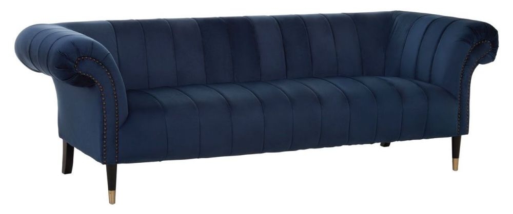 Product photograph of Briar Midnight Blue 3 Seater Chesterfield Sofa Velvet Fabric Upholstered With Black Wooden Gold Cone Trim Legs from Choice Furniture Superstore.