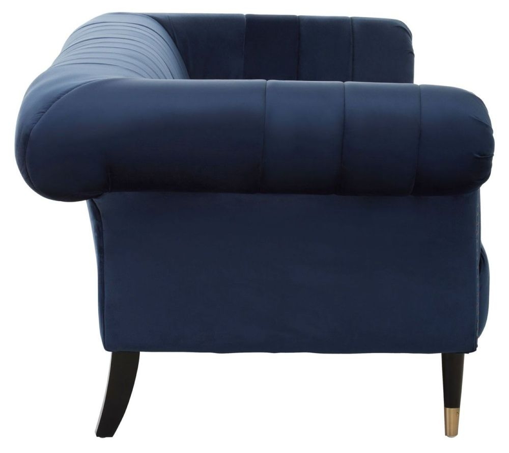 Product photograph of Briar Midnight Blue 3 Seater Chesterfield Sofa Velvet Fabric Upholstered With Black Wooden Gold Cone Trim Legs from Choice Furniture Superstore.