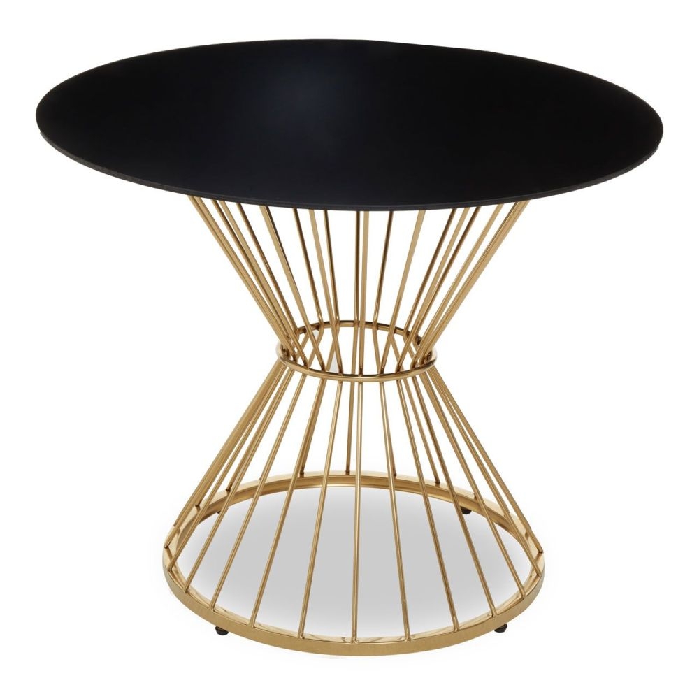 Product photograph of Cavalier Black Glass And Gold Hourglass Wireframe Base Dining Table 90cm Seats 2 Diners Round Top from Choice Furniture Superstore.