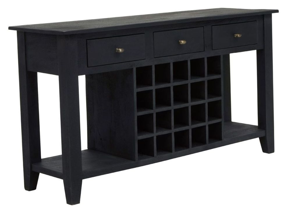 Product photograph of Copeland Black Mango Wood Console Table With Wine Bottle Storage - 3 Drawers from Choice Furniture Superstore.