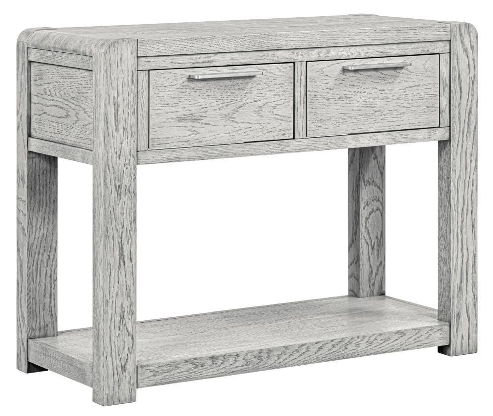 Product photograph of Amsterdam Grey Washed Oak 2 Drawer Console Table from Choice Furniture Superstore.