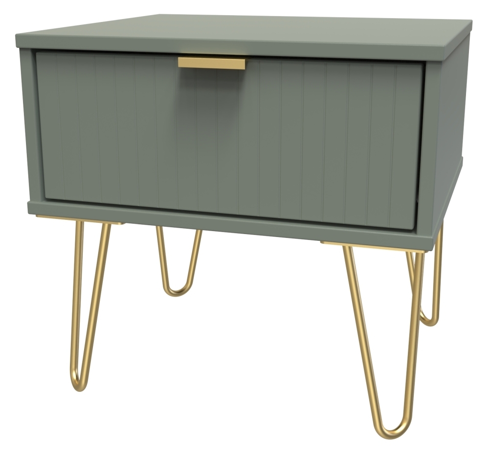 Product photograph of Linear Reed Green 1 Drawer Bedside Cabinet With Hairpin Legs from Choice Furniture Superstore.