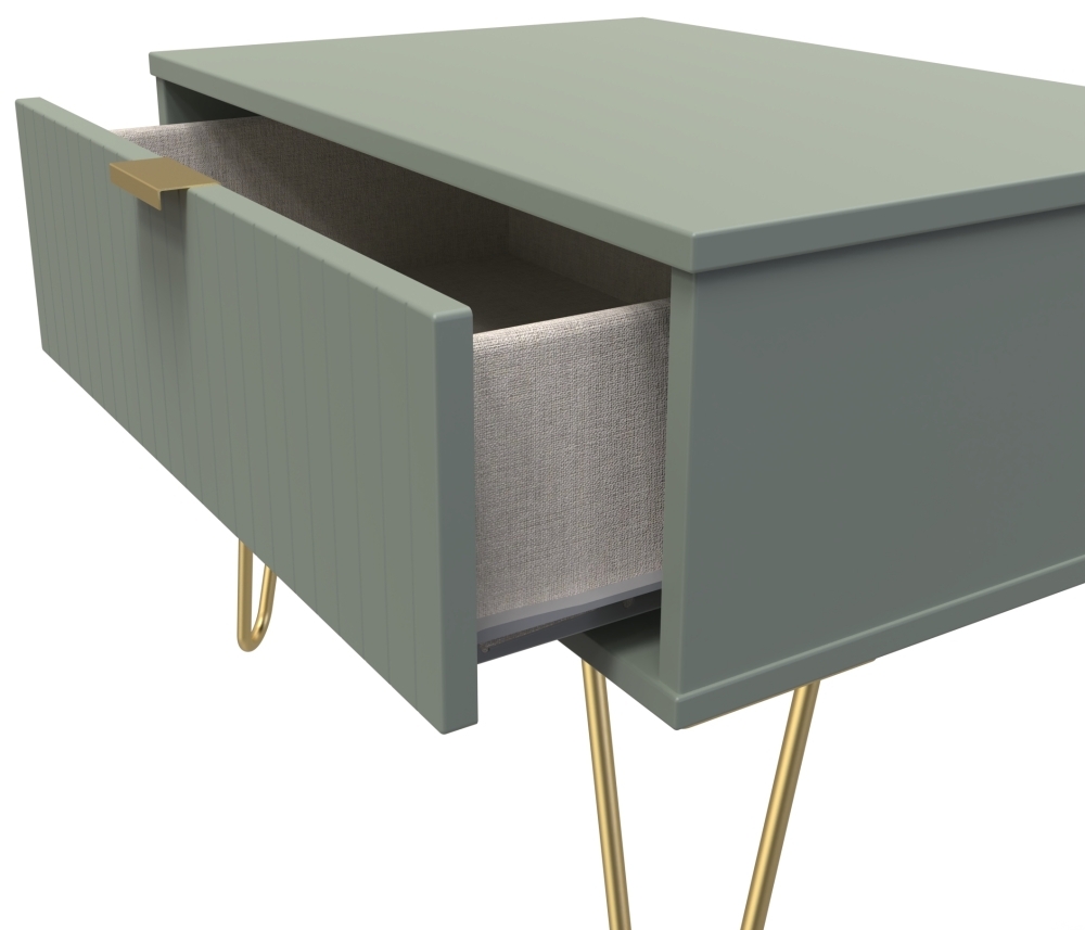 Product photograph of Linear Green 1 Drawer Bedside Cabinet With Gold Hairpin Legs from Choice Furniture Superstore.