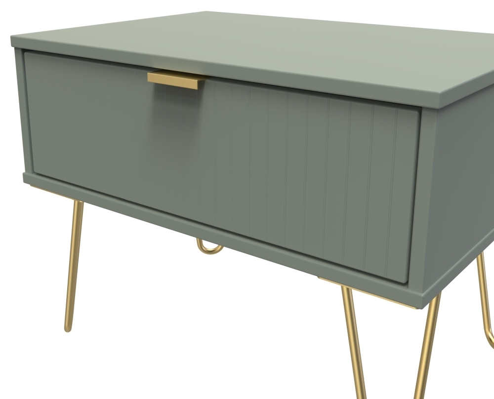 Product photograph of Linear Green 1 Drawer Bedside Cabinet With Gold Hairpin Legs from Choice Furniture Superstore.