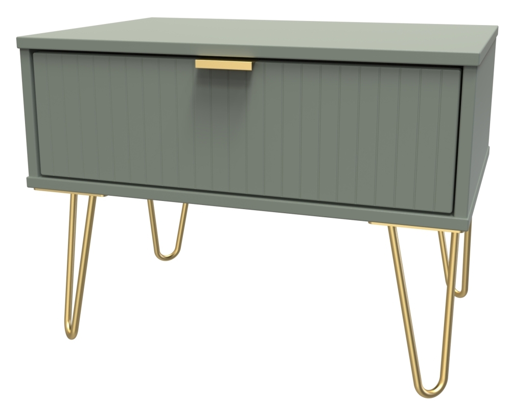 Product photograph of Linear Green 1 Drawer Bedside Cabinet With Gold Hairpin Legs from Choice Furniture Superstore.