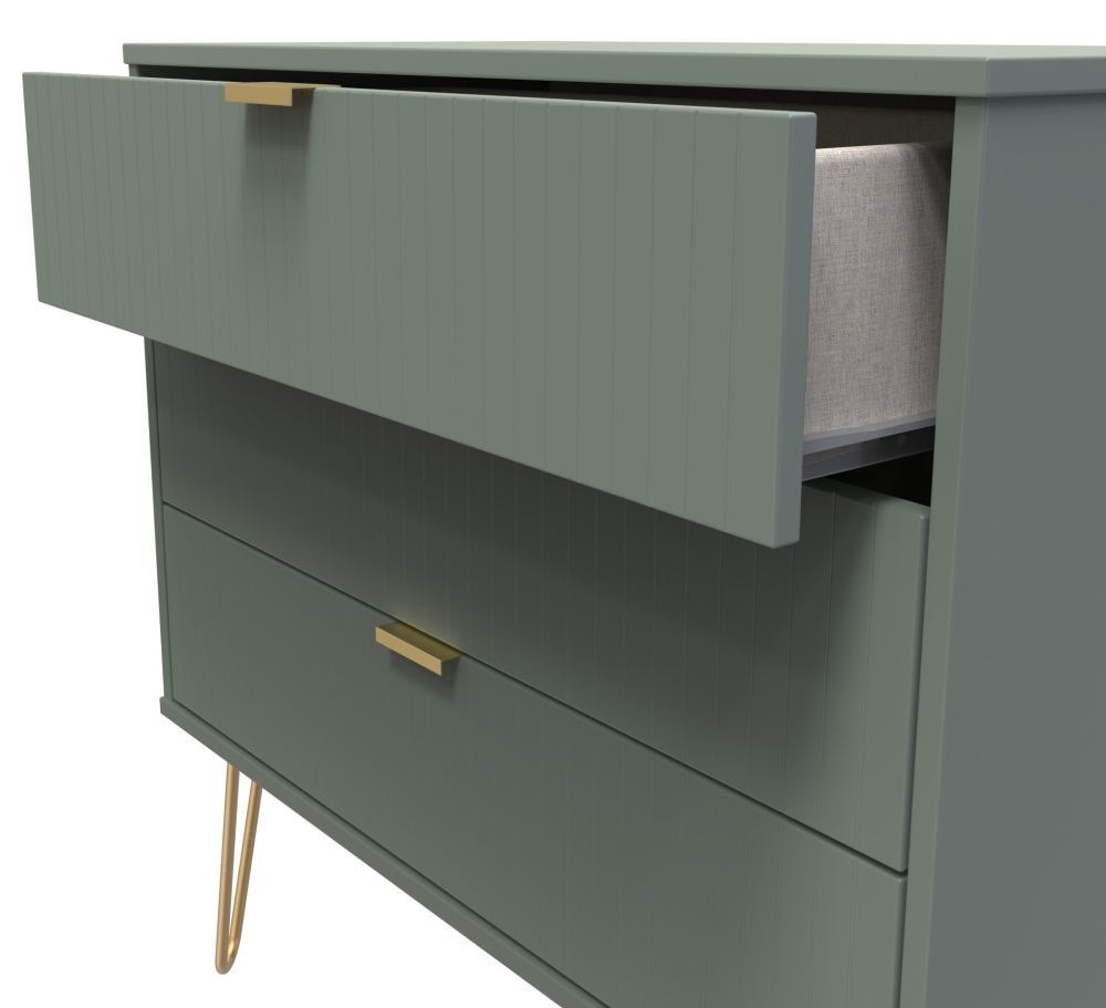 Product photograph of Linear Green 3 Drawer Midi Chest With Gold Hairpin Legs from Choice Furniture Superstore.