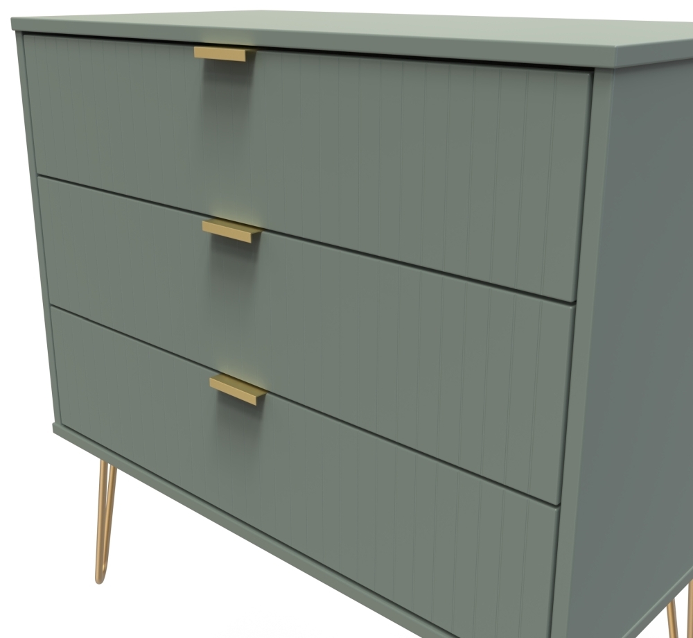 Product photograph of Linear Green 3 Drawer Midi Chest With Gold Hairpin Legs from Choice Furniture Superstore.