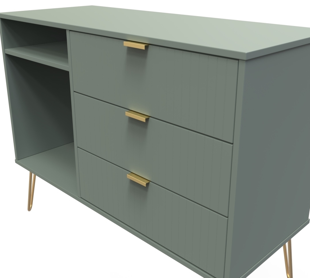 Product photograph of Linear Reed Green 3 Drawer Tv Unit With Hairpin Legs from Choice Furniture Superstore.