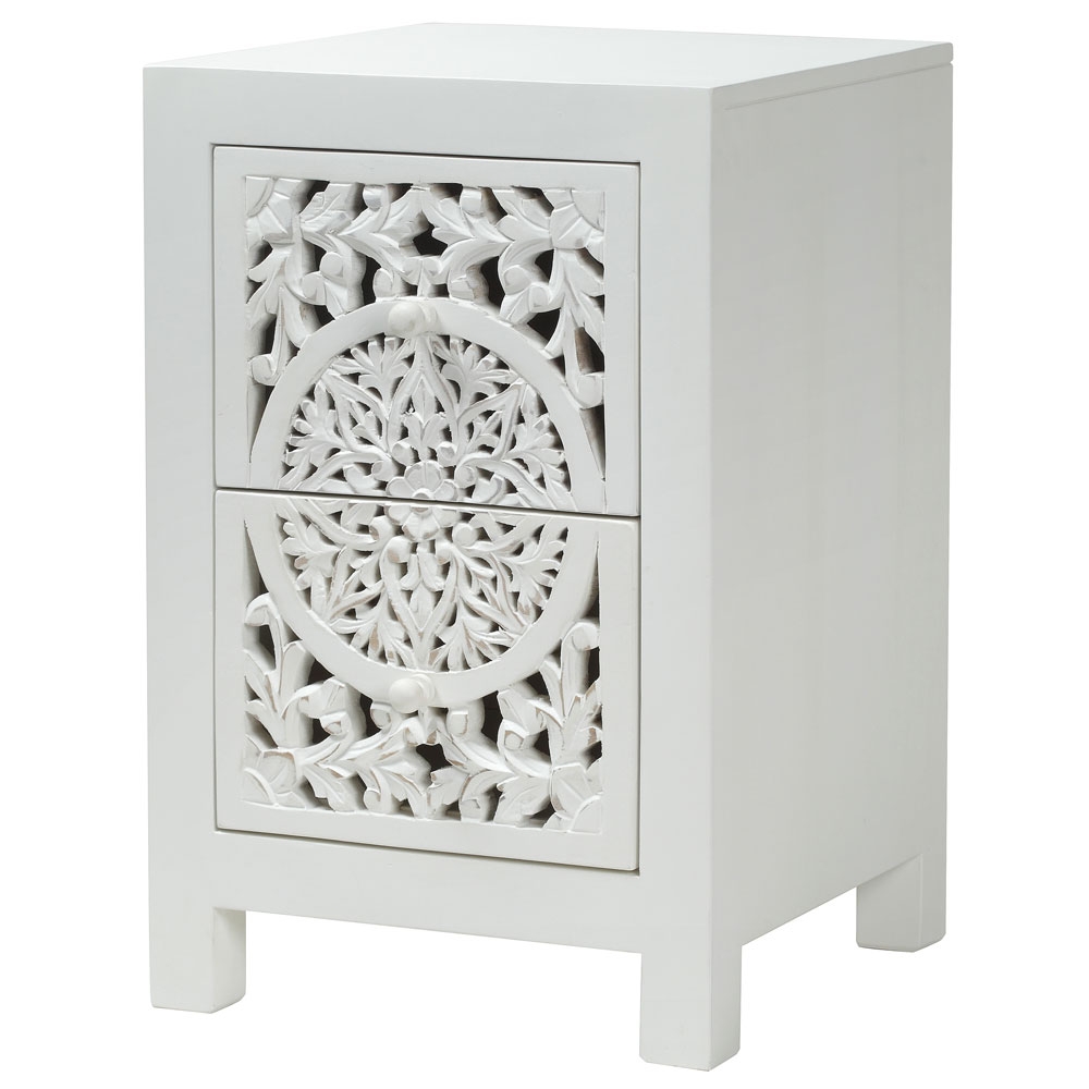 Product photograph of Boho White Washed Light Distressed Carved Mango Wood Bedside Cabinet - 2 Drawers from Choice Furniture Superstore.