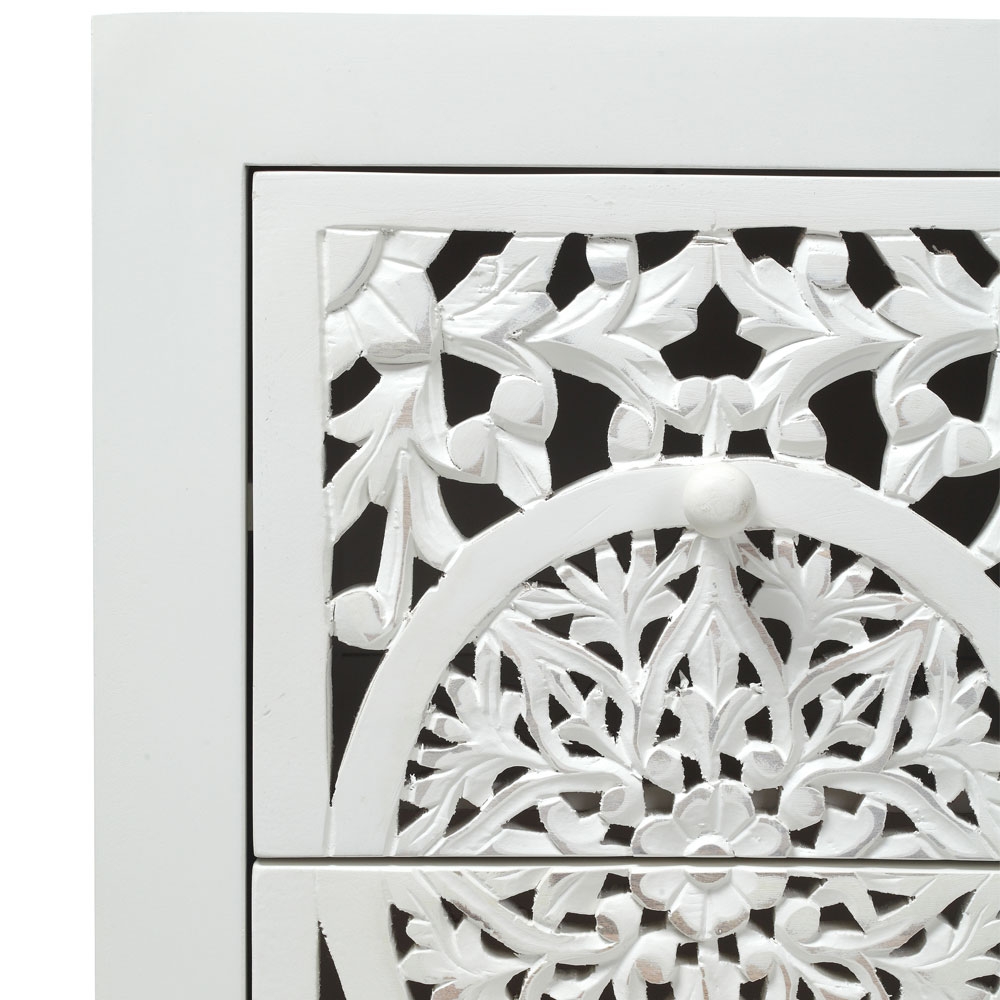 Product photograph of Boho White Washed Light Distressed Carved Mango Wood Bedside Cabinet - 2 Drawers from Choice Furniture Superstore.