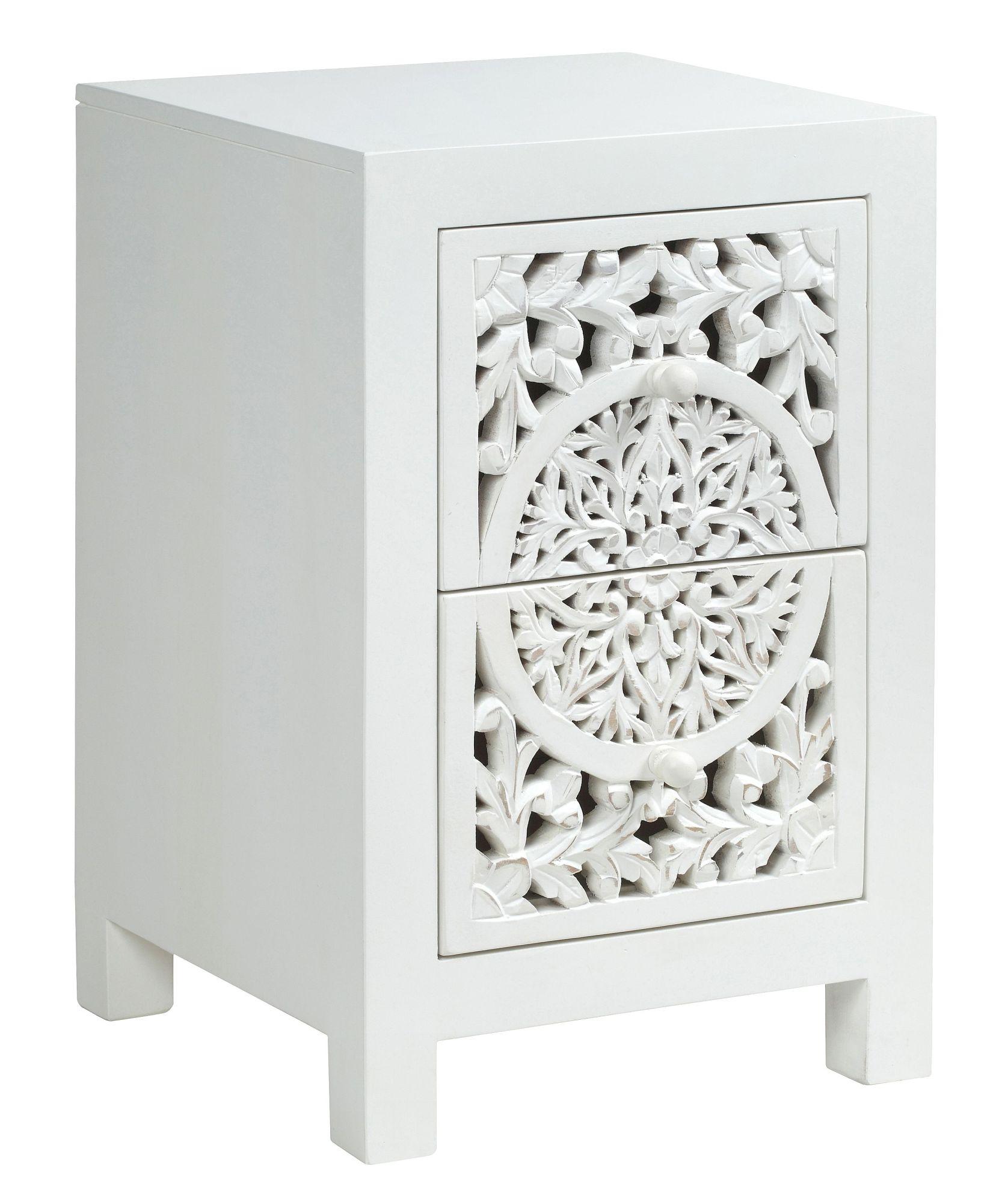 Product photograph of Boho White Carved Wooden Bedside Cabinet - 2 Drawers from Choice Furniture Superstore.