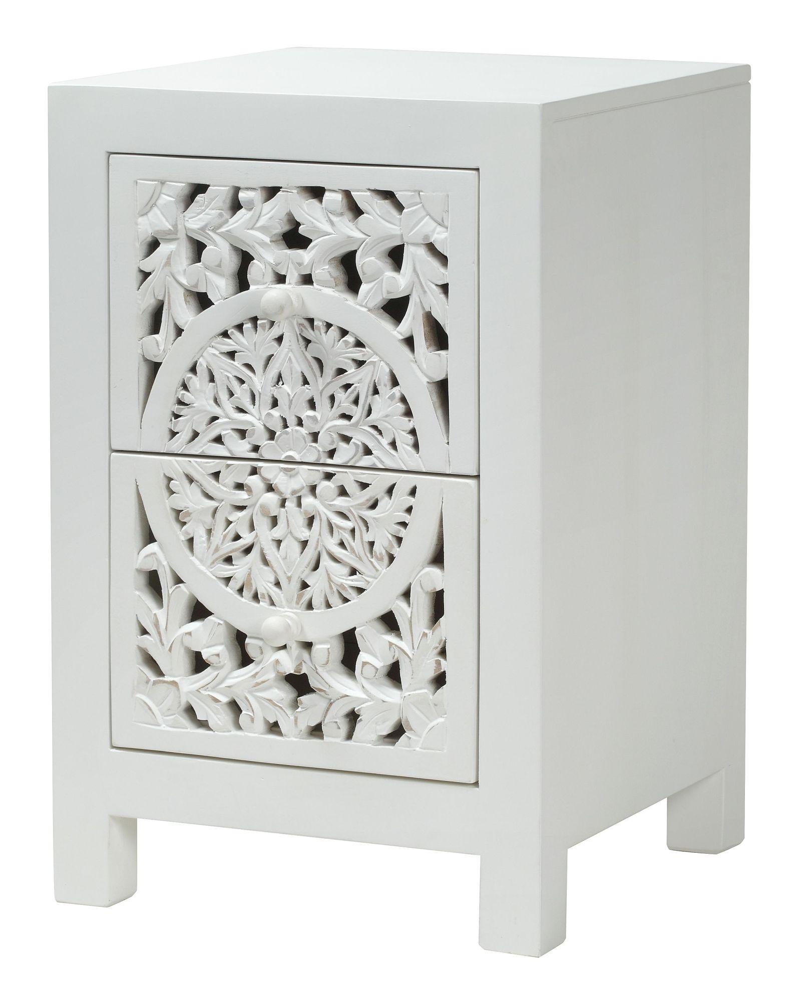 Product photograph of Boho White Carved Wooden Bedside Cabinet - 2 Drawers from Choice Furniture Superstore.