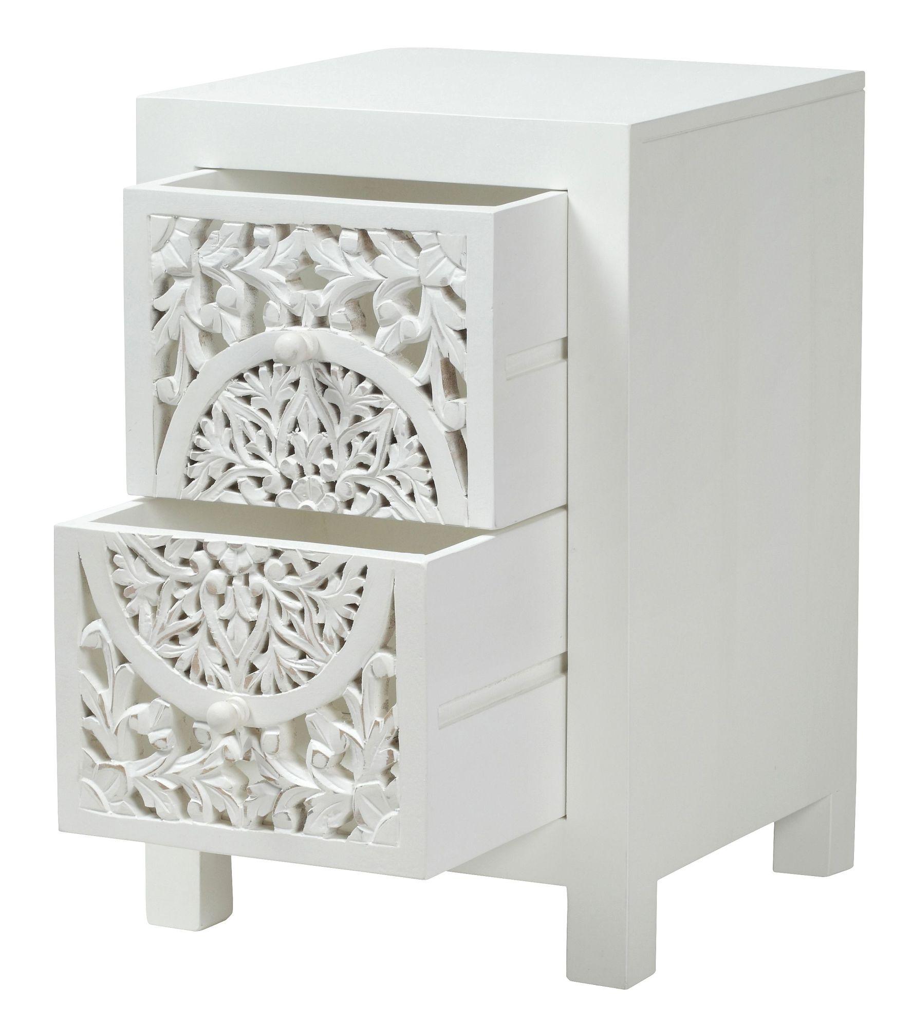 Product photograph of Boho White Carved Wooden Bedside Cabinet - 2 Drawers from Choice Furniture Superstore.