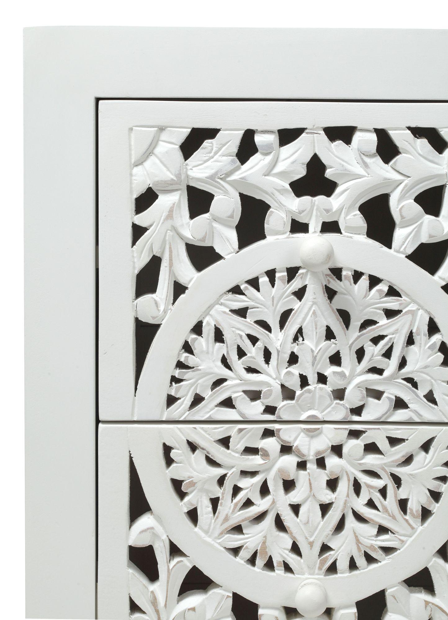 Product photograph of Boho White Carved Wooden Bedside Cabinet - 2 Drawers from Choice Furniture Superstore.