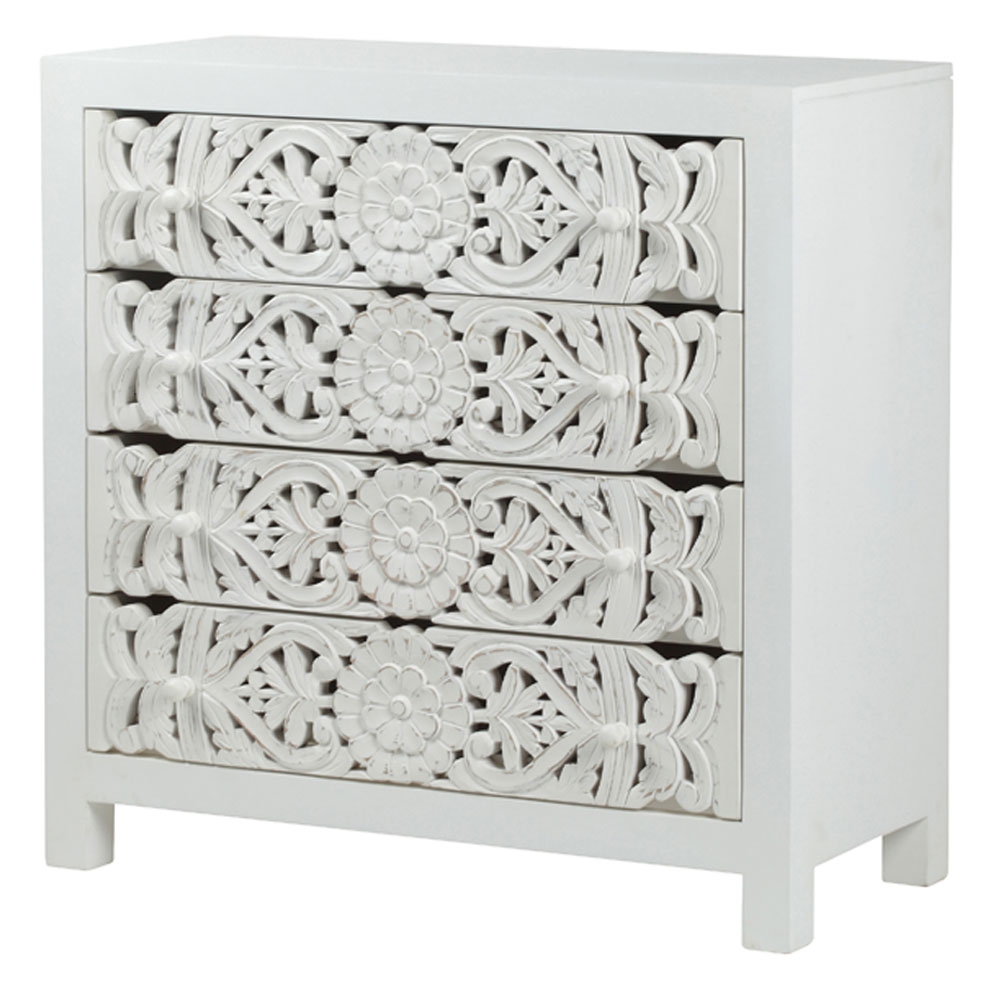Product photograph of Boho White Washed Light Distressed Carved Mango Wood Chest - 4 Drawers from Choice Furniture Superstore.