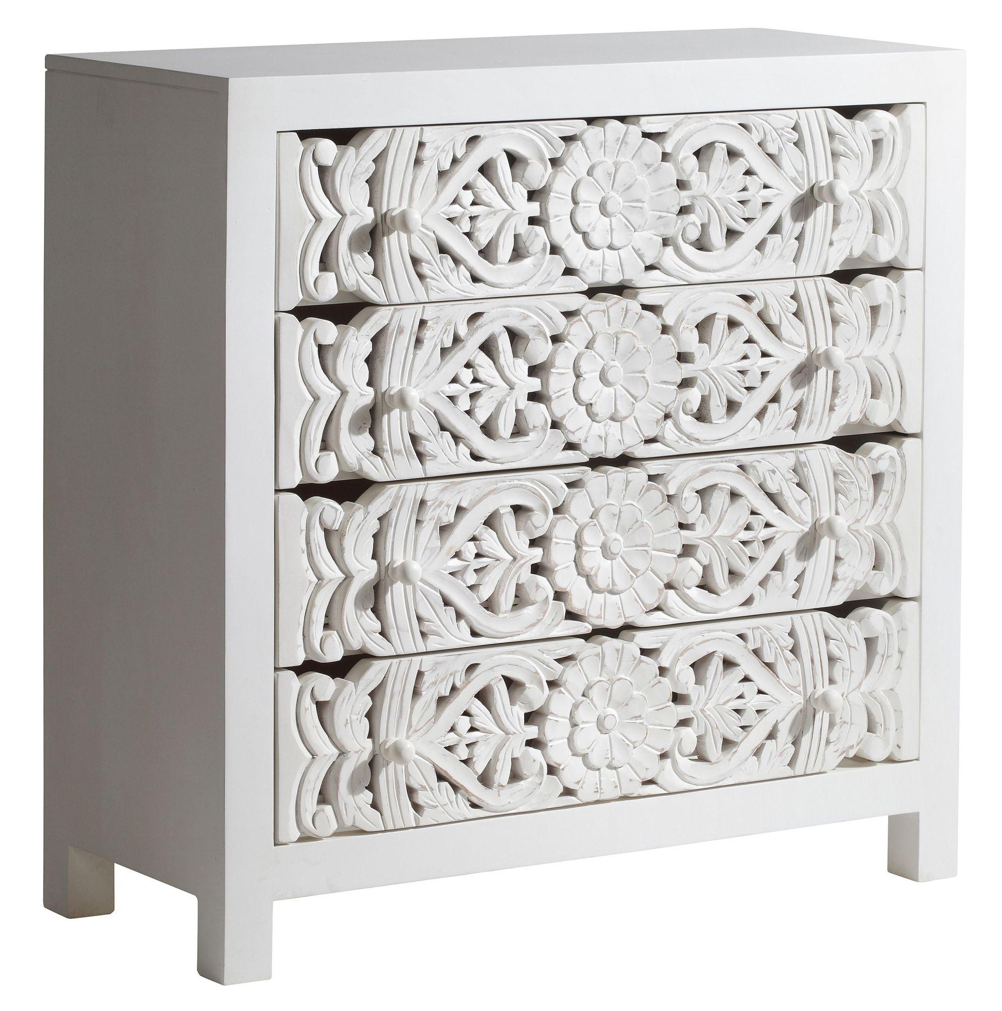 Product photograph of Boho White Carved Wooden 4 Drawer Chest from Choice Furniture Superstore.