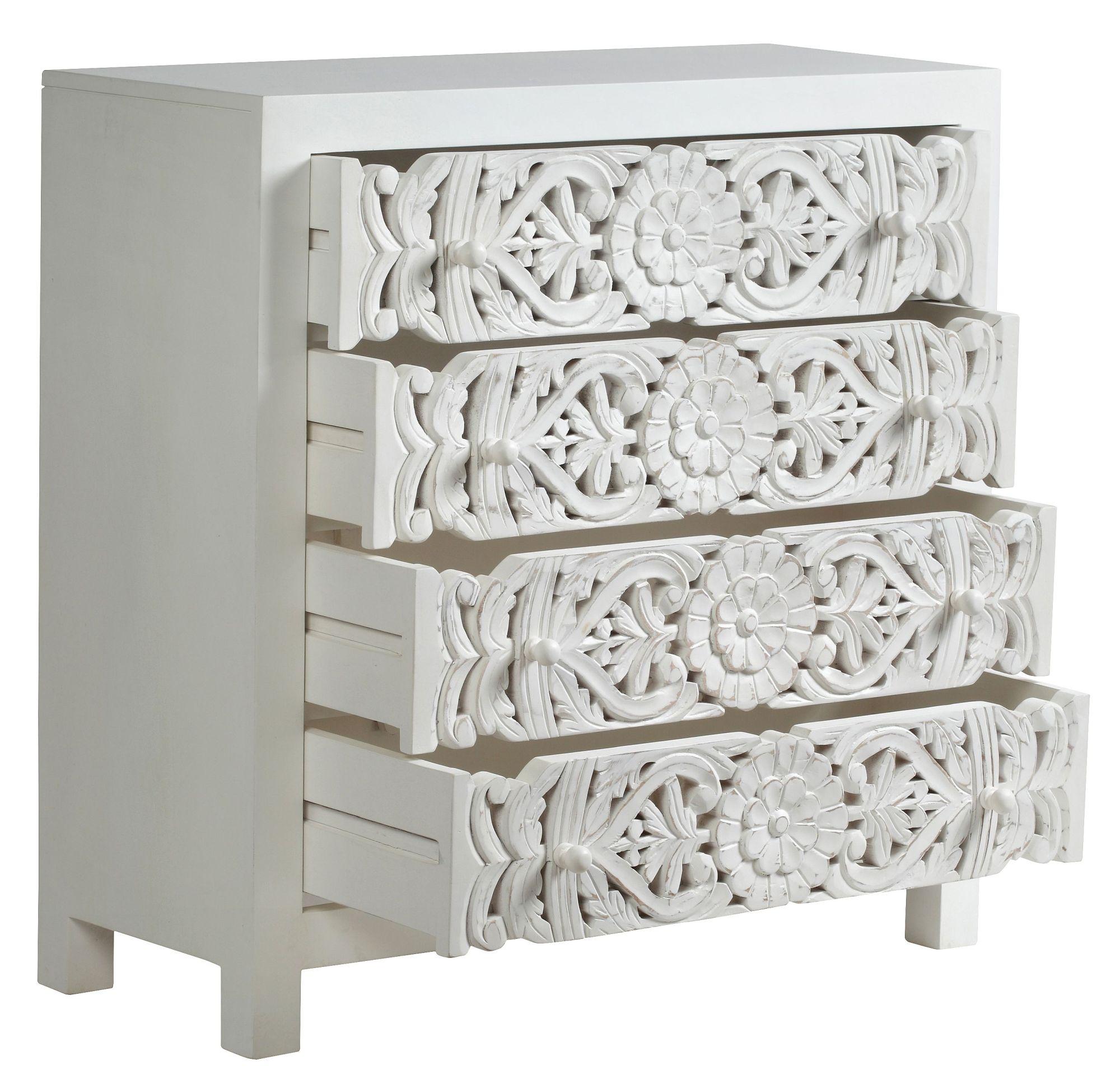 Product photograph of Boho White Carved Wooden 4 Drawer Chest from Choice Furniture Superstore.