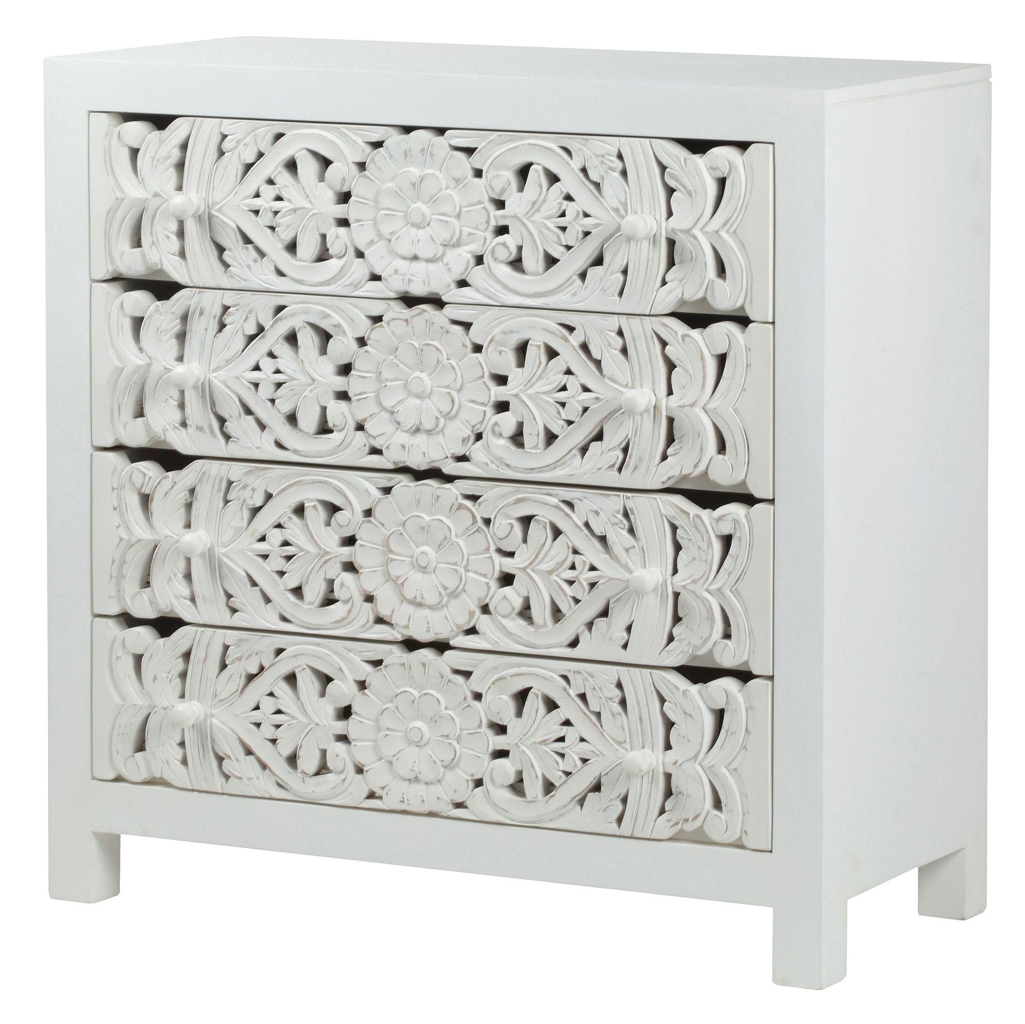 Product photograph of Boho White Carved Wooden 4 Drawer Chest from Choice Furniture Superstore.
