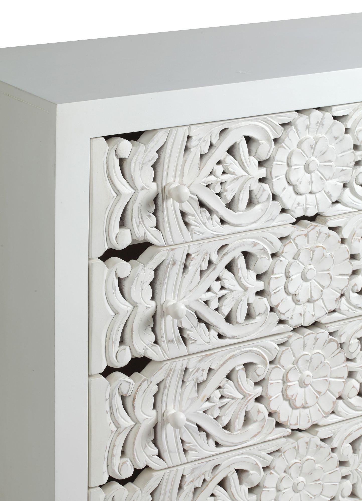 Product photograph of Boho White Carved Wooden 4 Drawer Chest from Choice Furniture Superstore.