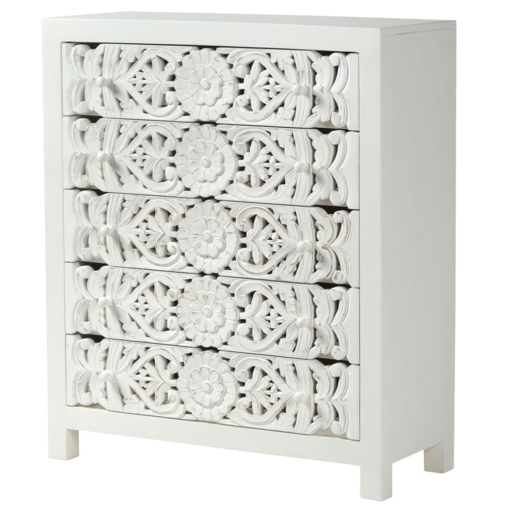 Product photograph of Boho White Washed Light Distressed Carved Mango Wood Tall Chest - 5 Drawers from Choice Furniture Superstore.