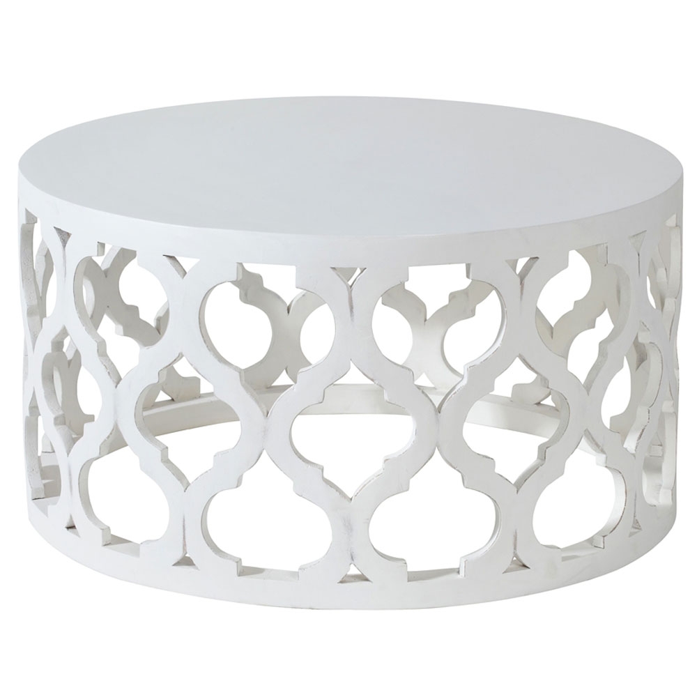 Product photograph of Boho White Washed Light Distressed Carved Mango Wood Round Coffee Table from Choice Furniture Superstore.