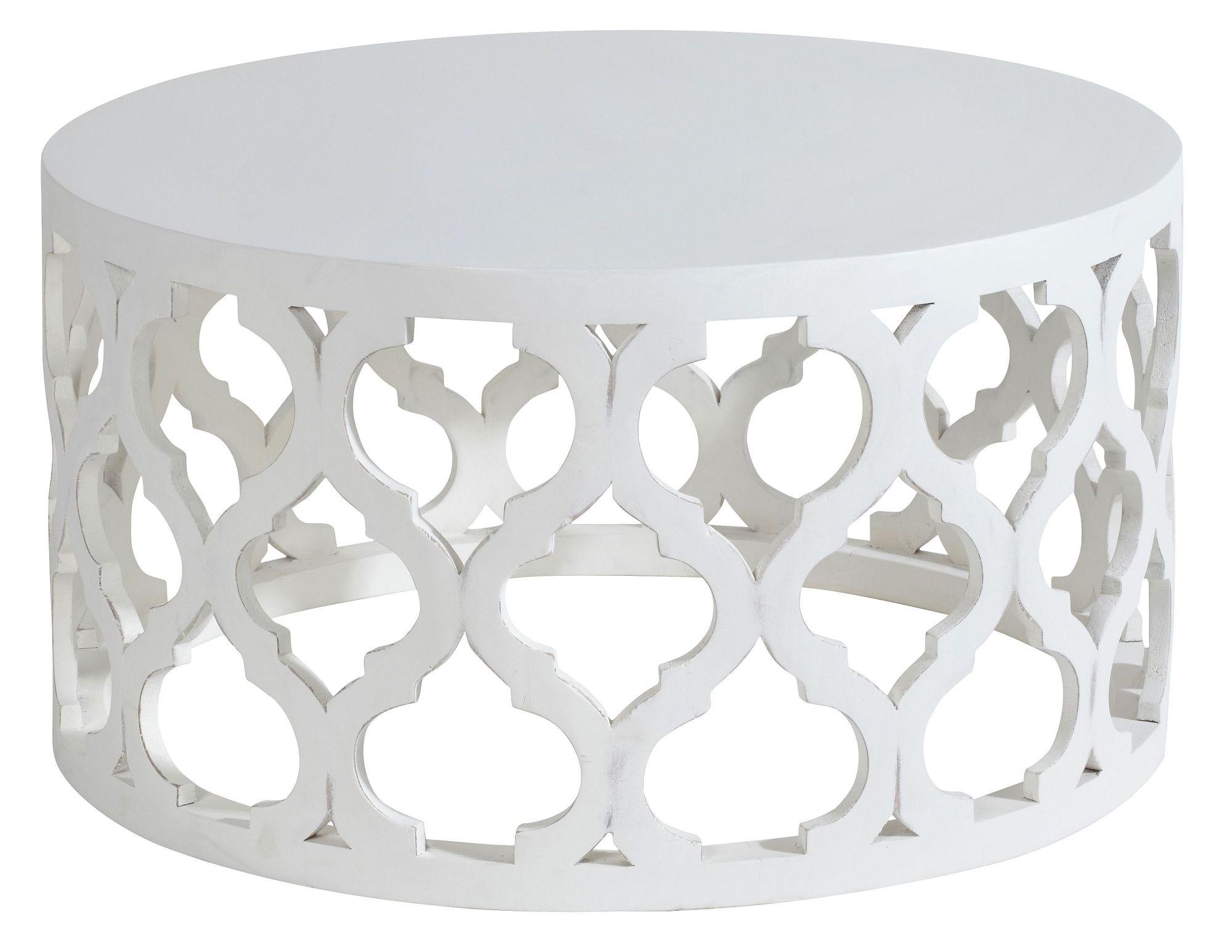 Product photograph of Clearance - Boho White Washed Light Distressed Carved Mango Wood Round Coffee Table from Choice Furniture Superstore.