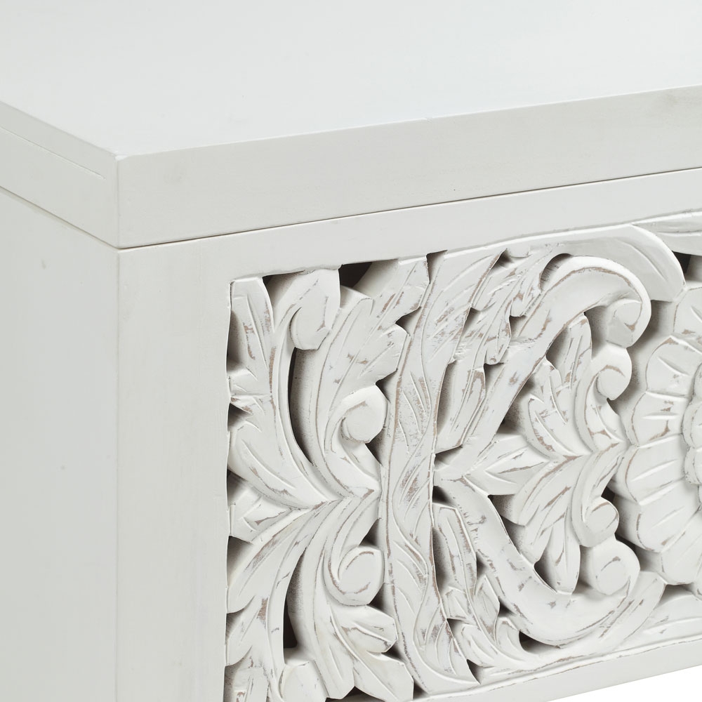 Product photograph of Boho White Washed Light Distressed Carved Mango Wood Blanket Box - 1 Door from Choice Furniture Superstore.