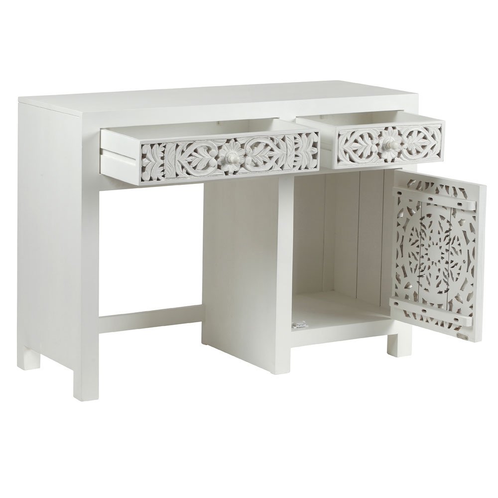 Product photograph of Boho White Washed Light Distressed Carved Mango Wood Desk - 1 Door 2 Drawers Single Pedestal from Choice Furniture Superstore.