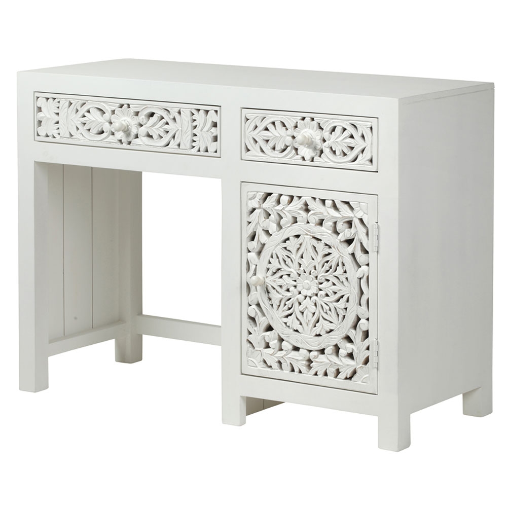 Product photograph of Boho White Washed Light Distressed Carved Mango Wood Desk - 1 Door 2 Drawers Single Pedestal from Choice Furniture Superstore.