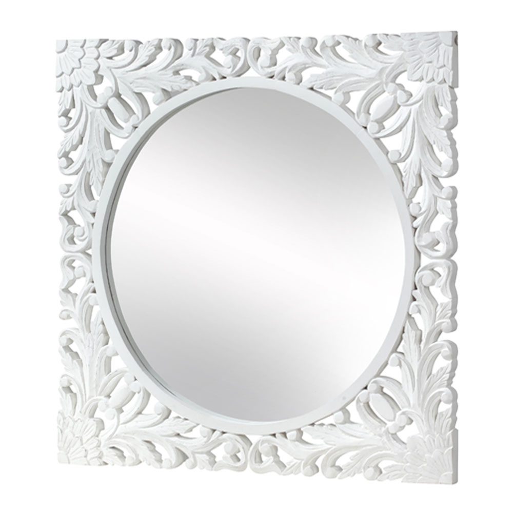 Product photograph of Boho White Washed Light Distressed Carved Mango Wood Square Wall Mirror - 110cm X 110cm from Choice Furniture Superstore.