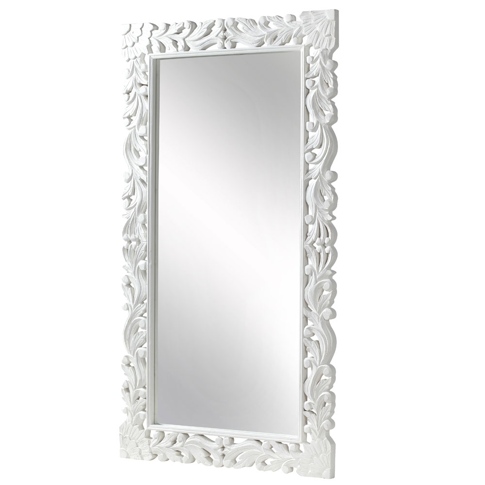 Product photograph of Boho White Washed Light Distressed Carved Mango Wood Leaner Mirror - 91cm X 168cm from Choice Furniture Superstore.
