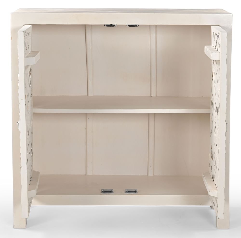 Product photograph of Boho White Washed Light Distressed Carved Mango Wood Compact Sideboard - 89cm from Choice Furniture Superstore.