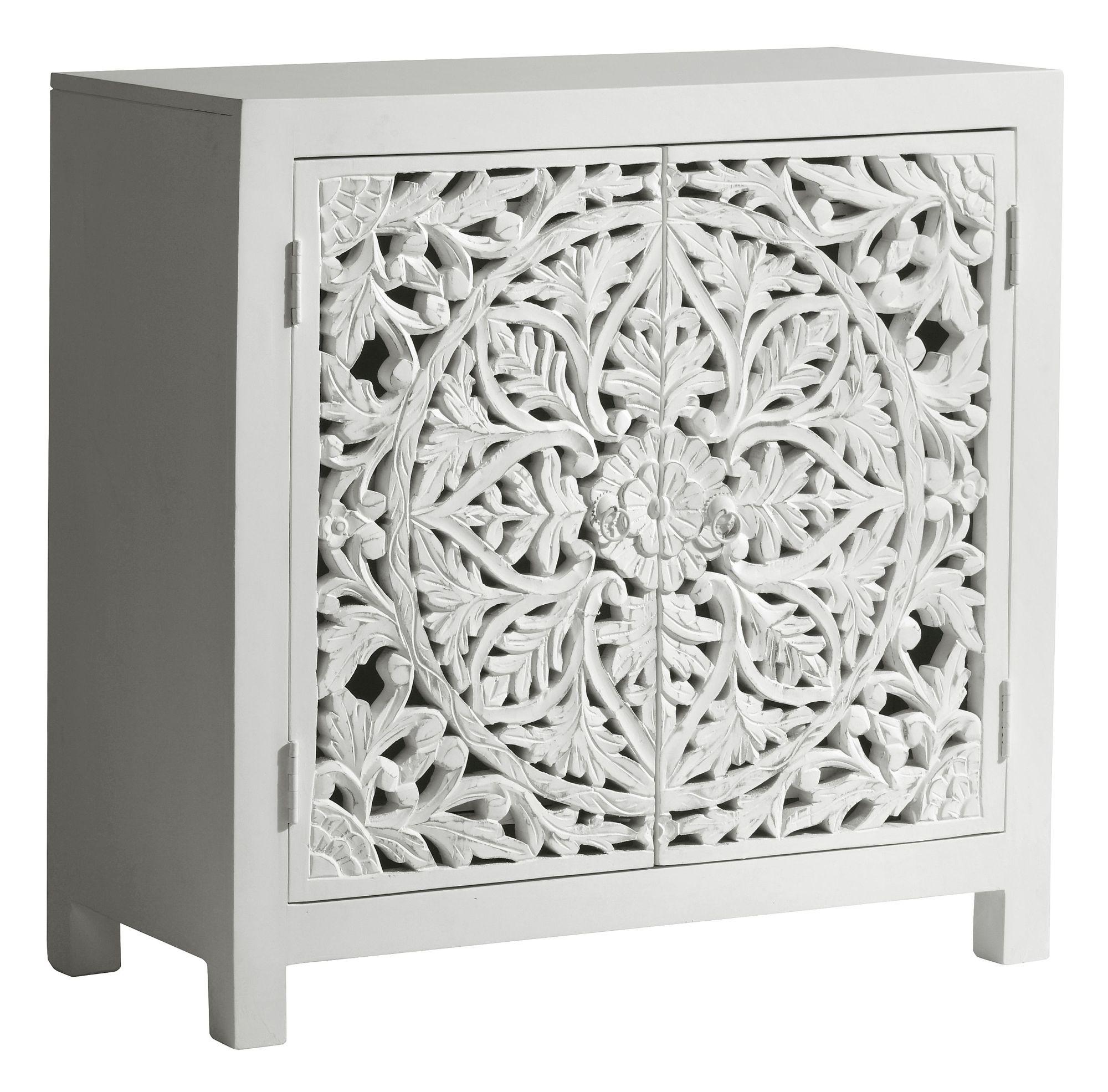 Product photograph of Boho White Washed Light Distressed Carved Mango Wood Compact Small Sideboard - 89cm from Choice Furniture Superstore.