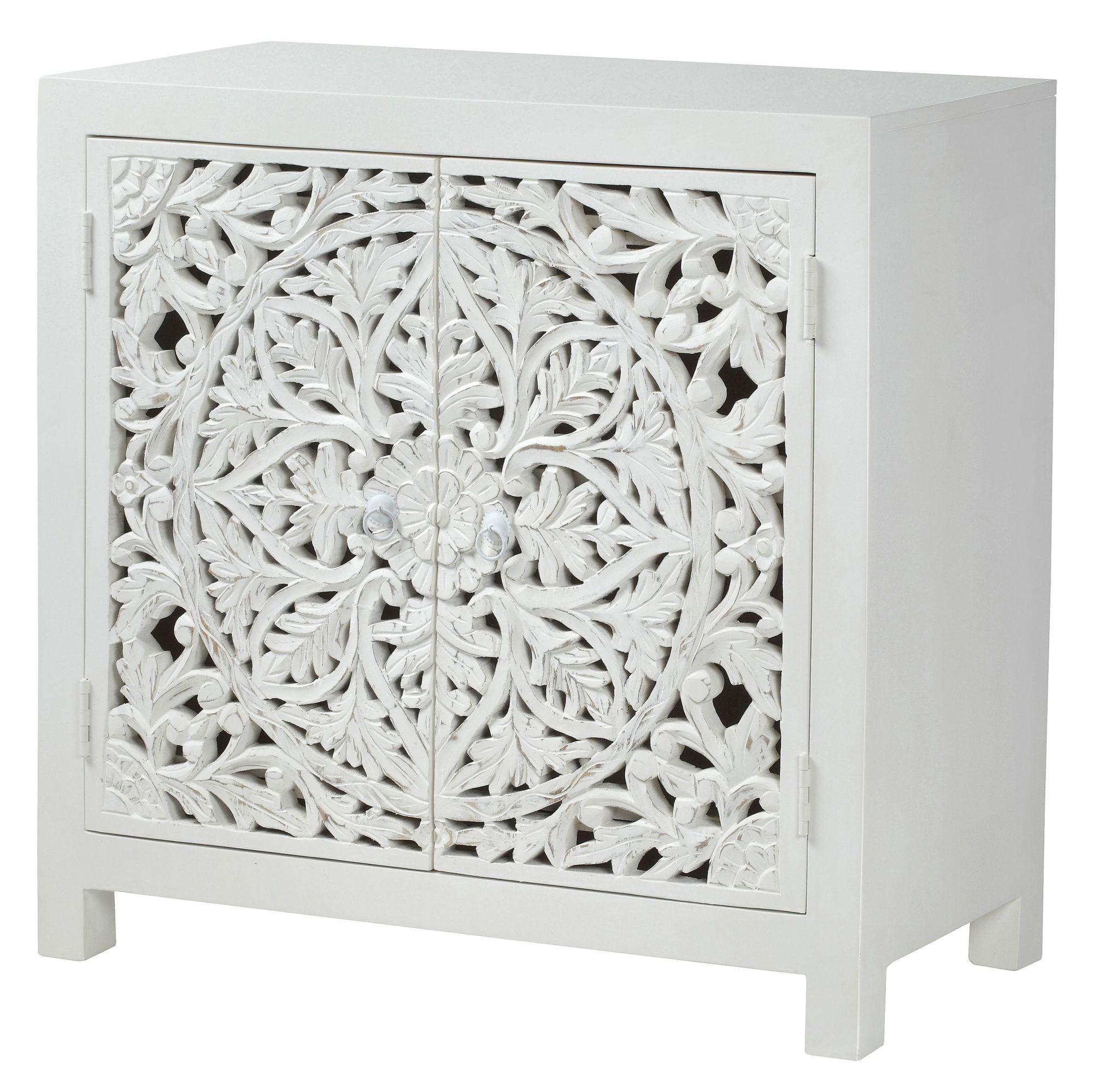 Product photograph of Boho White Washed Light Distressed Carved Mango Wood Compact Small Sideboard - 89cm from Choice Furniture Superstore.