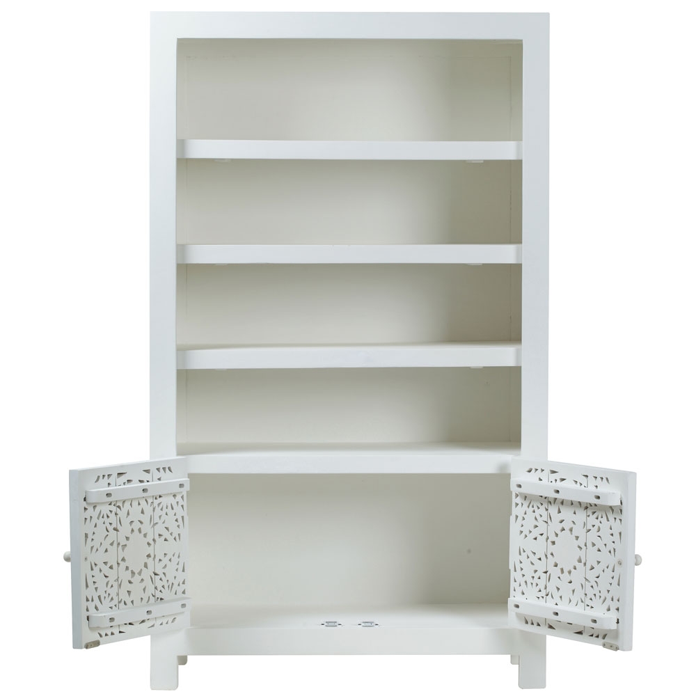 Product photograph of Boho White Washed Light Distressed Carved Mango Wood Bookcase - 2 Doors from Choice Furniture Superstore.